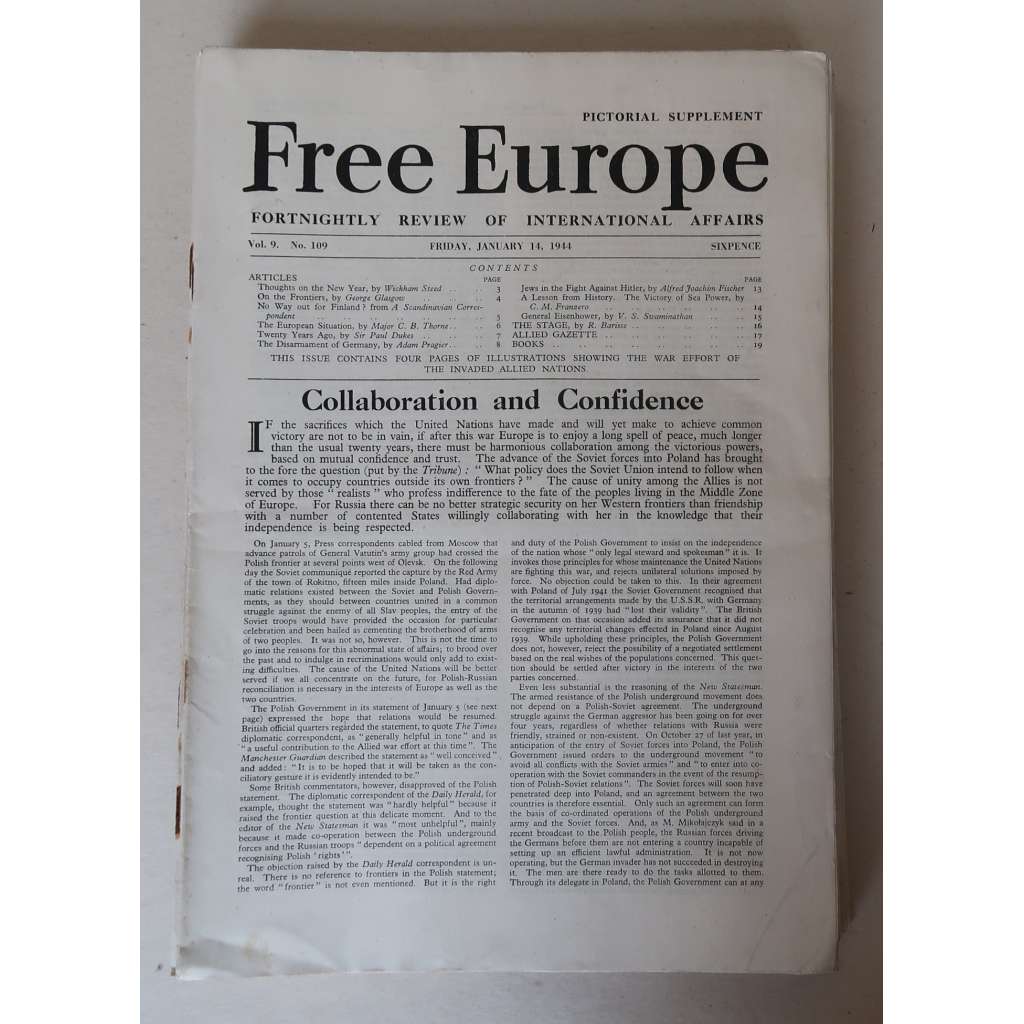 Free Europe. Fortnightly Review of International Affairs. Vol. 9 and 10, No. 109-133, January 14-December 15, 1944 [londýnský exil za 2. světové války, druhá světová válka, spojenecká politika, Spojenci, antifašismus]