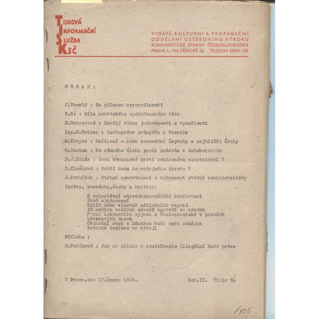 Tisková informační služba KSČ, ročník II., číslo 9/1946  (komunistická literatura)