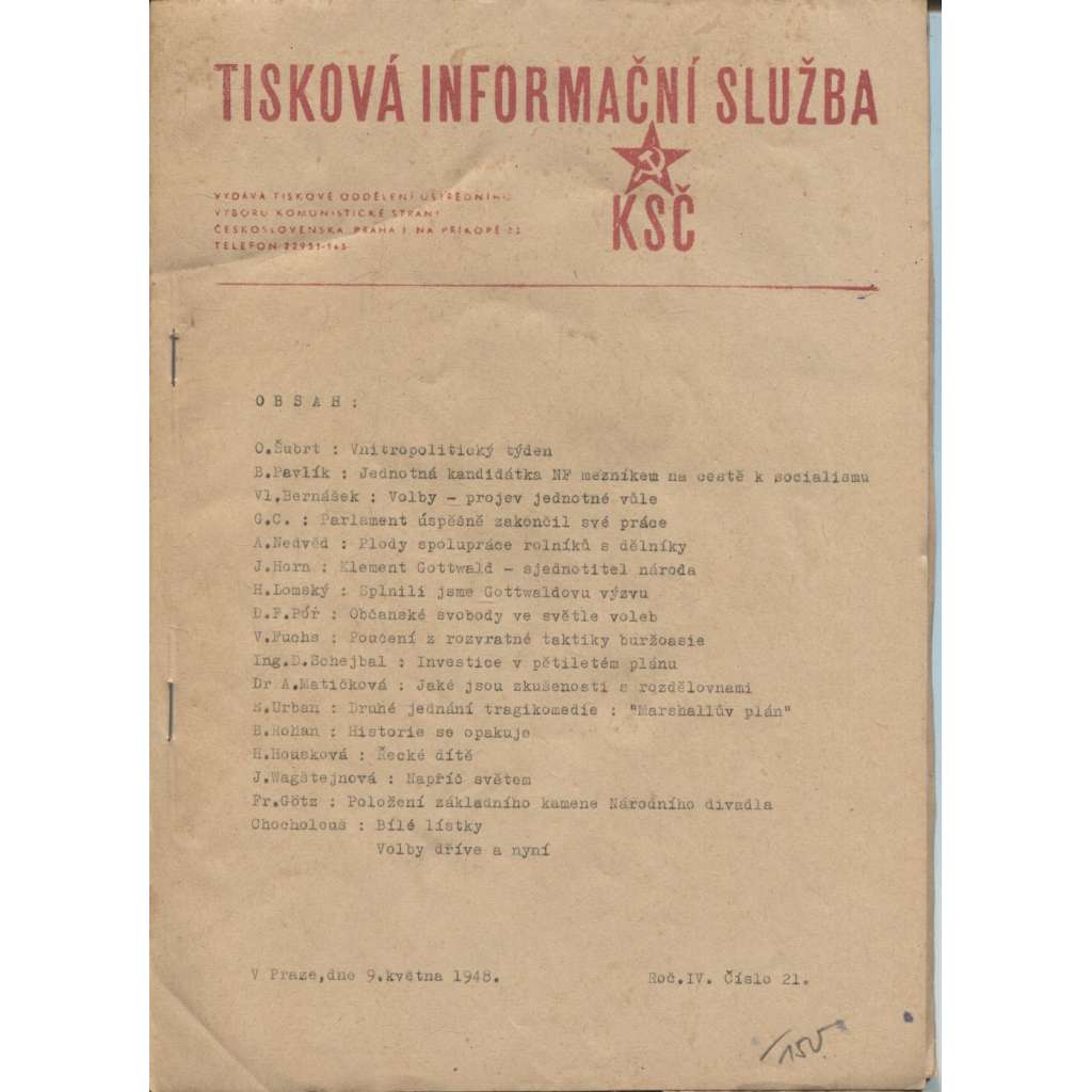 Tisková informační služba KSČ, ročník IV., číslo 21/1948 (komunistická literatura)