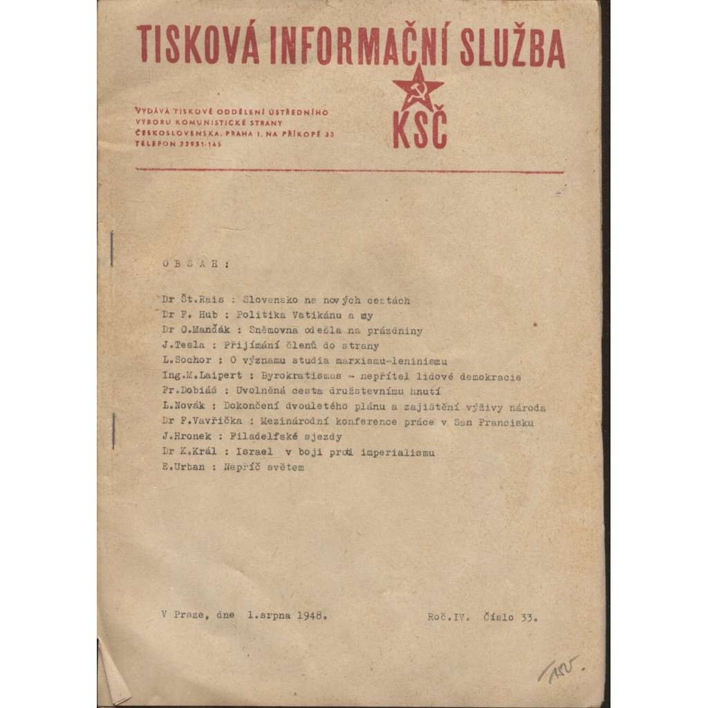 Tisková informační služba KSČ, ročník IV., číslo 33/1948 (komunistická literatura)