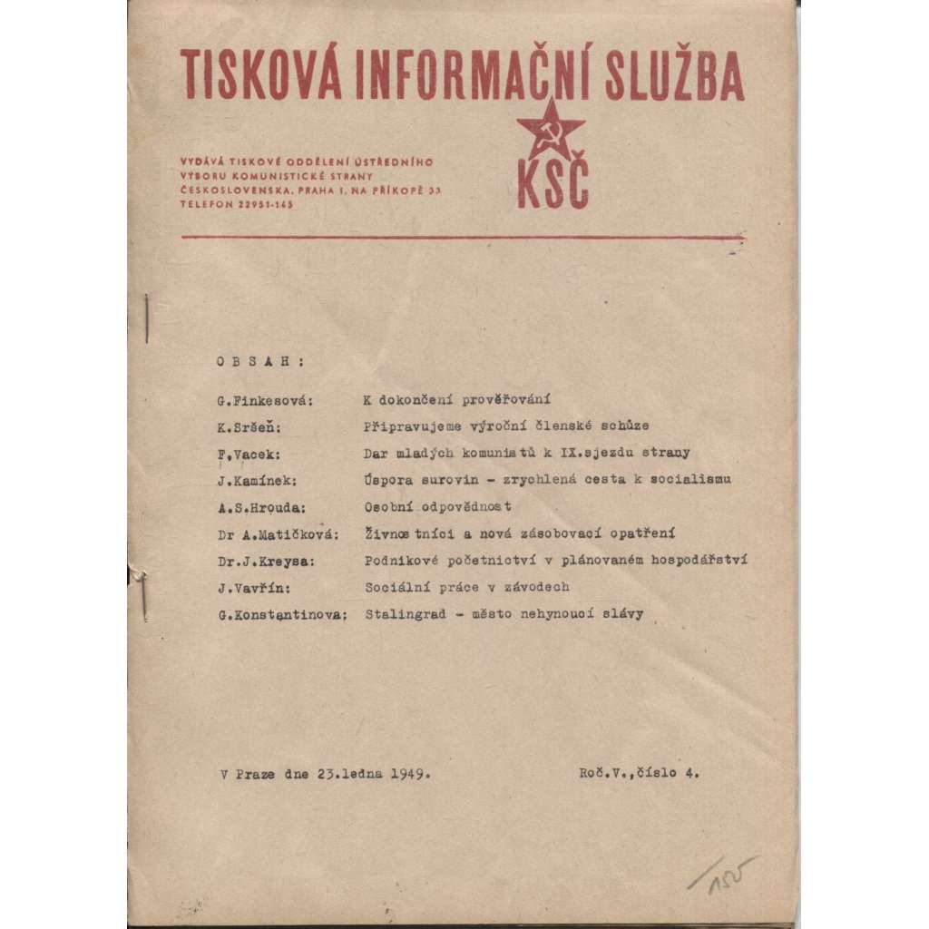 Tisková informační služba KSČ, ročník V., číslo 4/1949 (komunistická literatura)