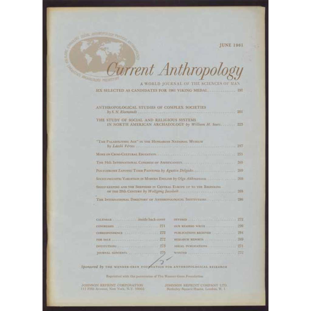 Current Anthropology: A World Journal of the Sciences of Man; Vol. 2, No. 3, June 1961 [časopis, antropologie]