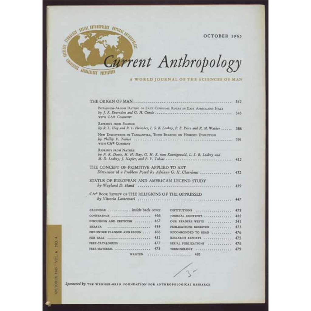 Current Anthropology: A World Journal of the Sciences of Man; Vol. 6, No. 4, October 1965 [časopis, antropologie]