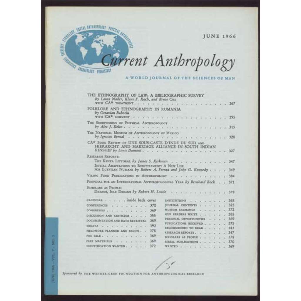 Current Anthropology: A World Journal of the Sciences of Man; Vol. 7, No. 3, June 1966 [časopis, antropologie]