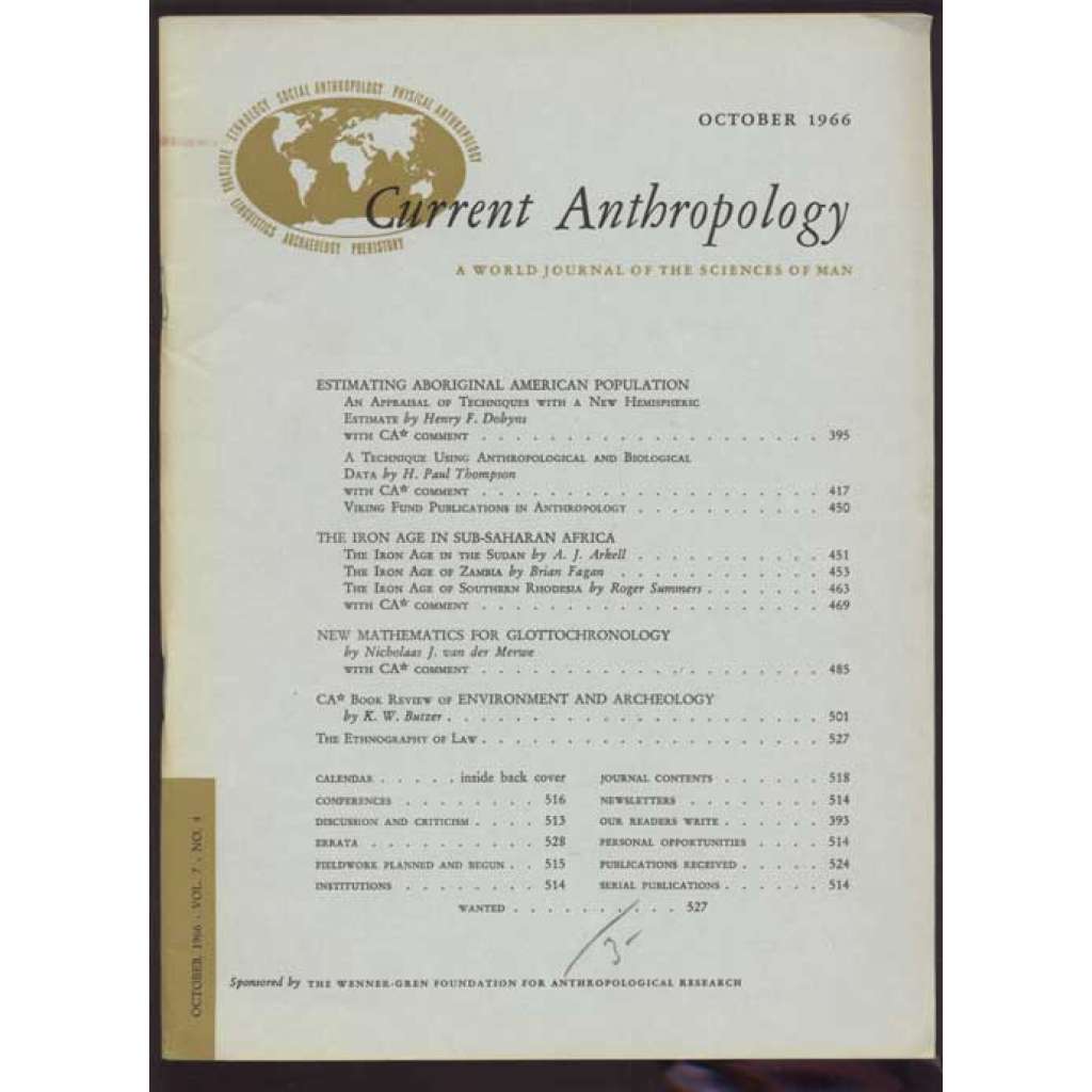 Current Anthropology: A World Journal of the Sciences of Man; Vol. 7, No. 4, October 1966 [časopis, antropologie]