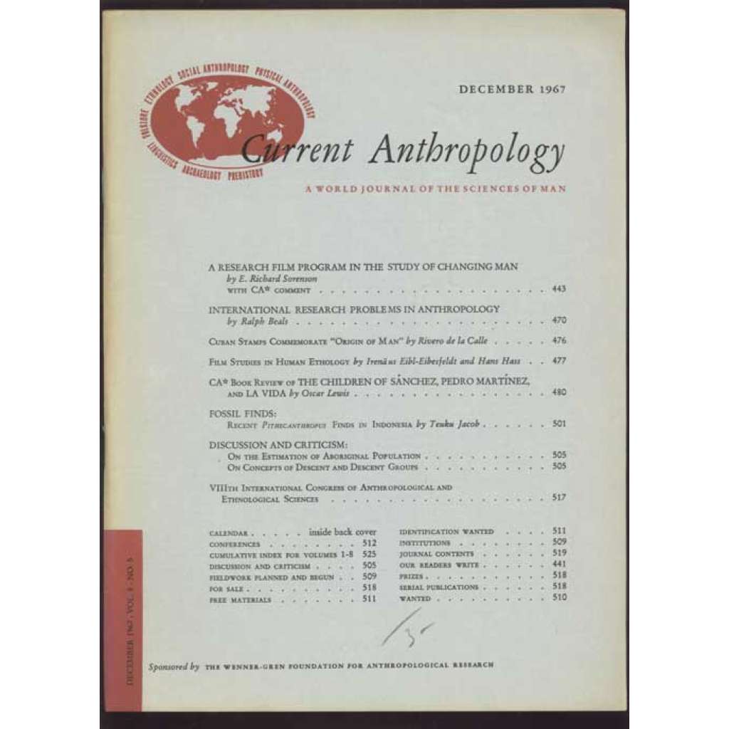 Current Anthropology: A World Journal of the Sciences of Man; Vol. 8, No. 5, December 1967 [časopis, antropologie]