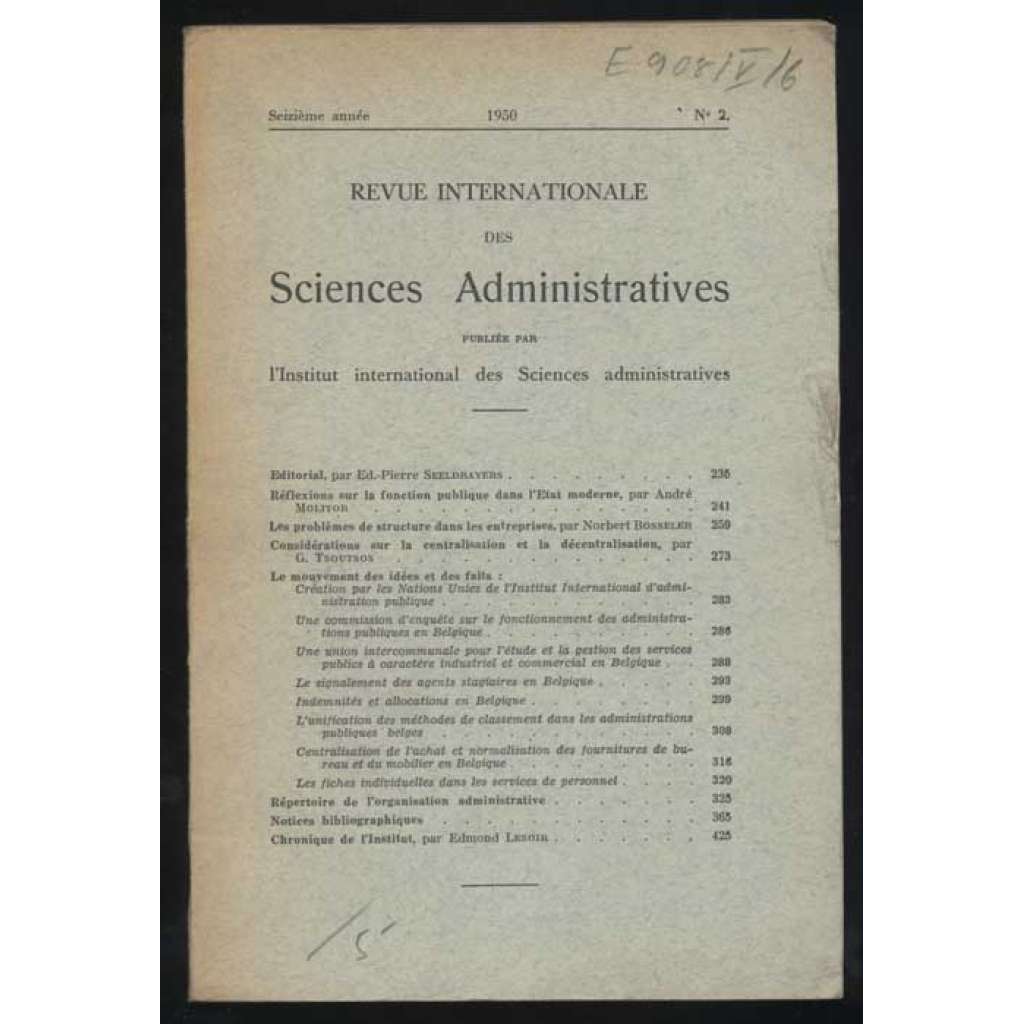 Revue Internationale des Sciences Administratives; 1950, sezième année; No 2	[časopis, administrativa, státní správa]