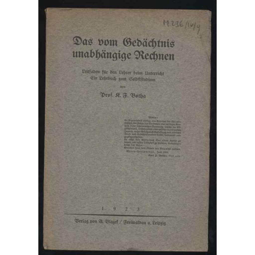 Das vom Gedächtnis unabhängige Rechnen. Leitfaden für den Lehrer beim Unterricht. Ein Lehrbuch zum Selbststudium	[matematika, učebnice, aritmetika]