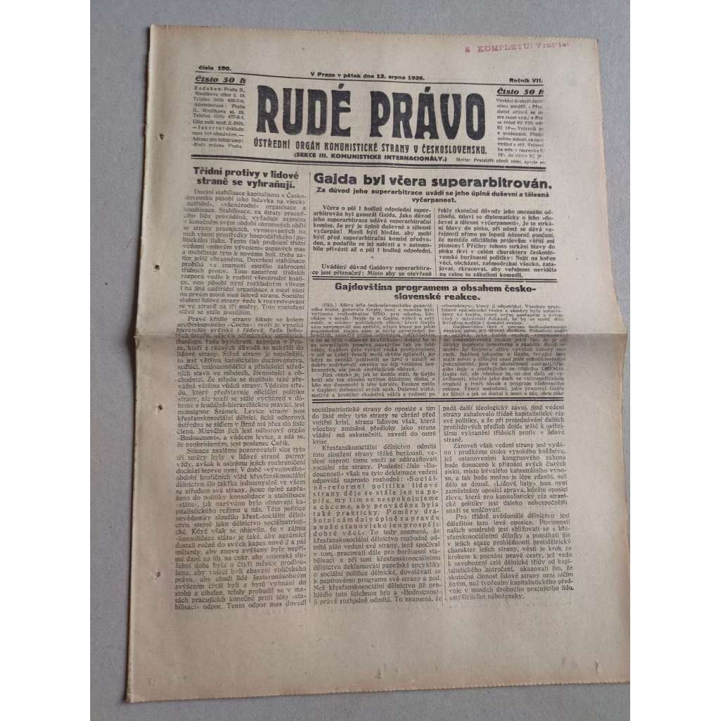 Rudé právo (13.8.1926) Ročník VII. - 1. republika, staré noviny