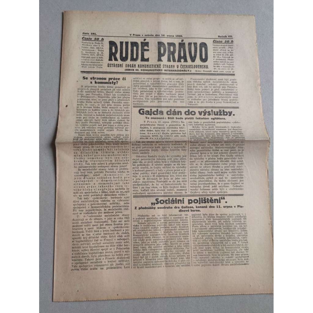 Rudé právo (14.8.1926) Ročník VII. - 1. republika, staré noviny