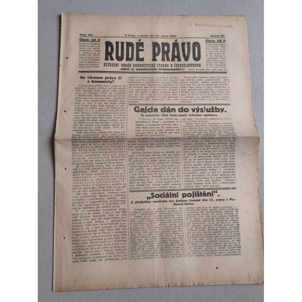 Rudé právo (14.8.1926) Ročník VII. - 1. republika, staré noviny