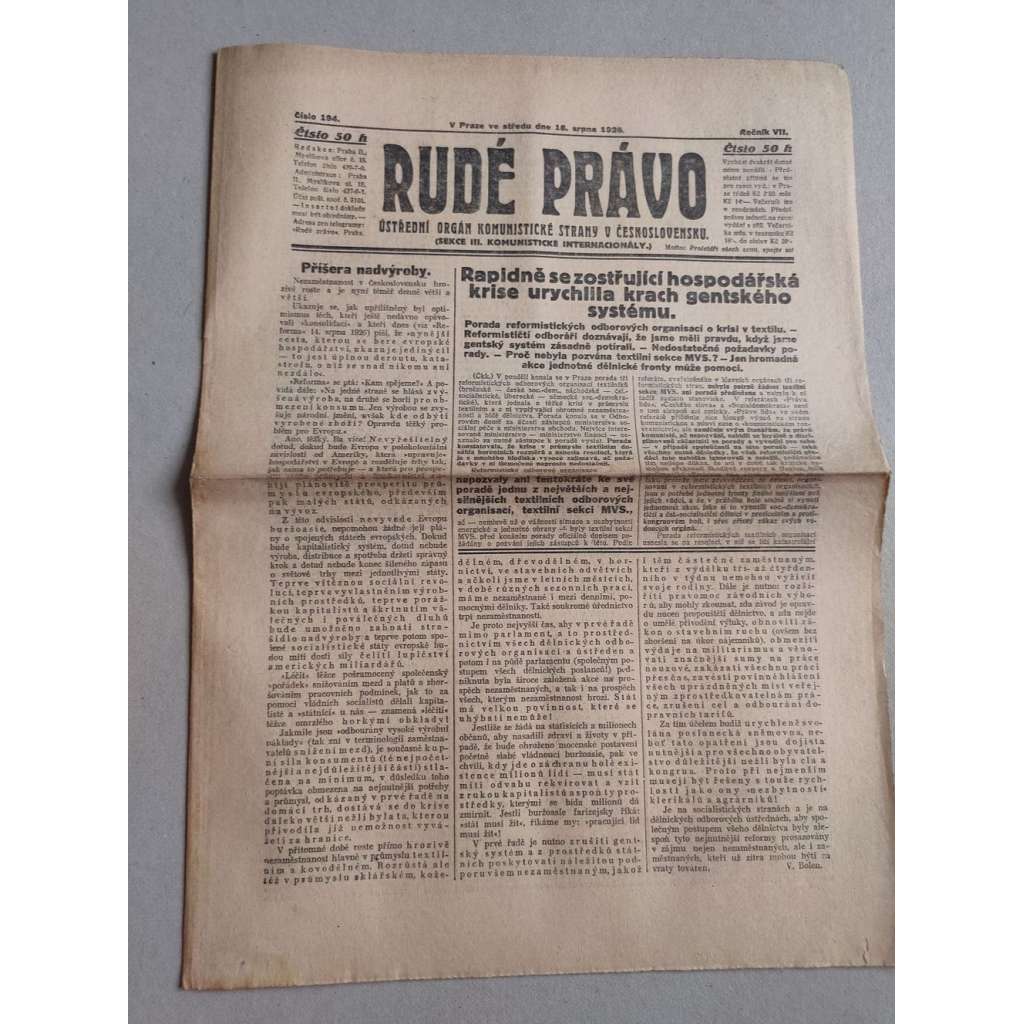 Rudé právo (18.8.1926) Ročník VII. - 1. republika, staré noviny