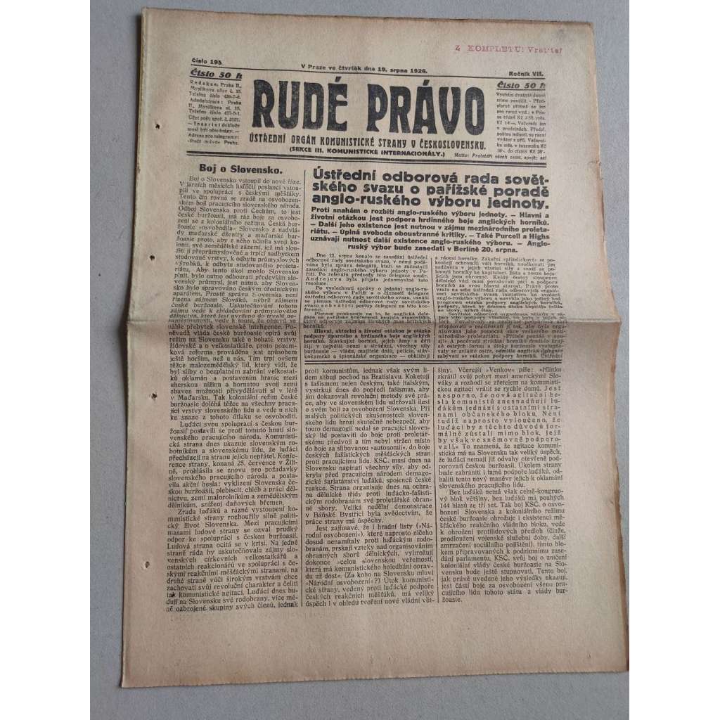 Rudé právo (19.8.1926) Ročník VII. - 1. republika, staré noviny