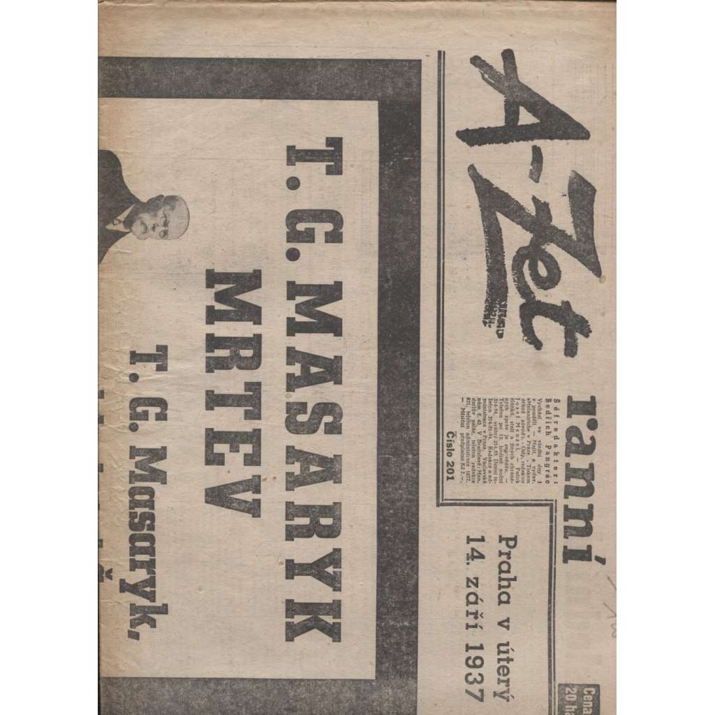 A-Zet ranní (14.9.1937) - staré noviny, 1. republika, prezident, úmrtí T. G. Masaryk