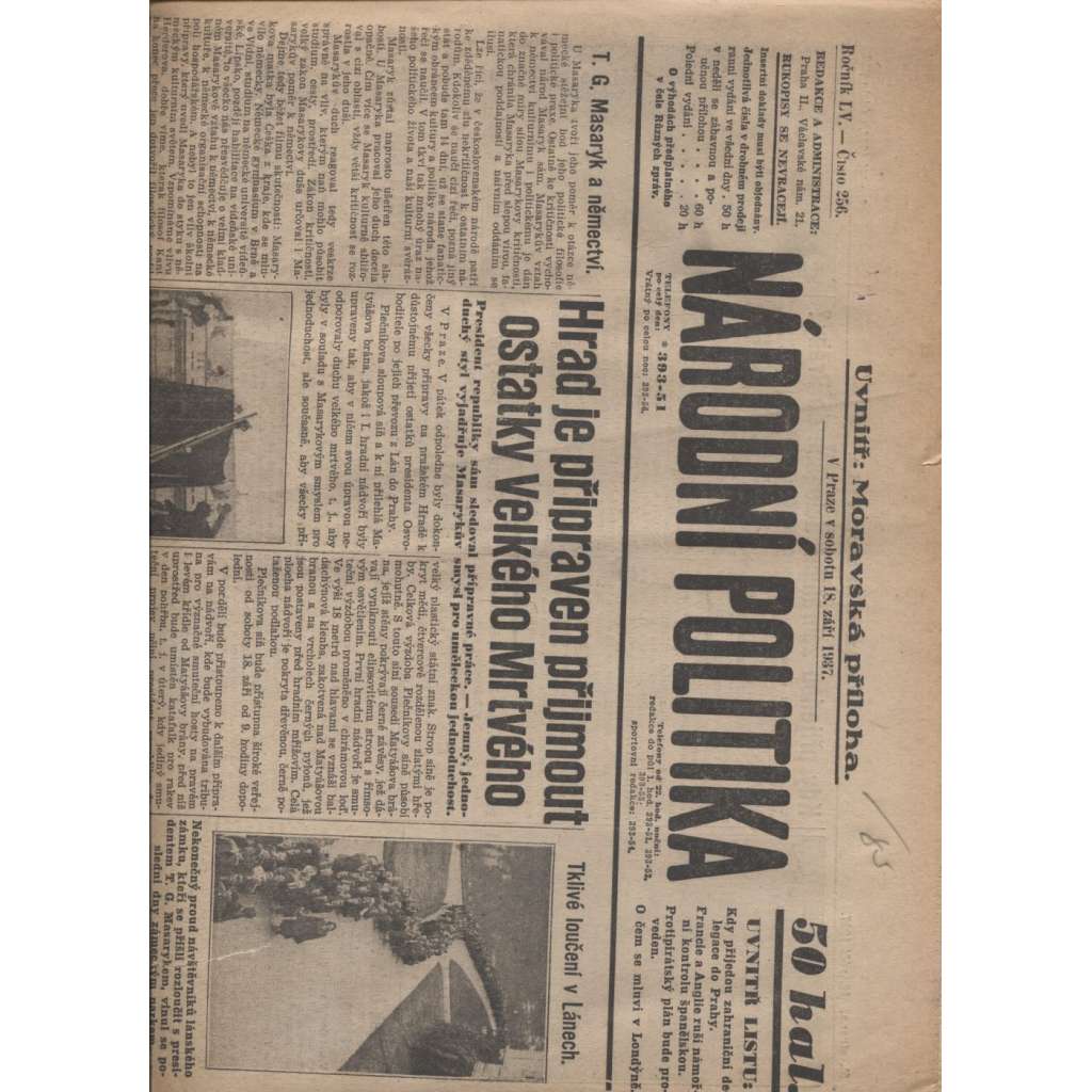 Národní politika (18.9.1937) - staré noviny, 1. republika, prezident, úmrtí T. G. Masaryk