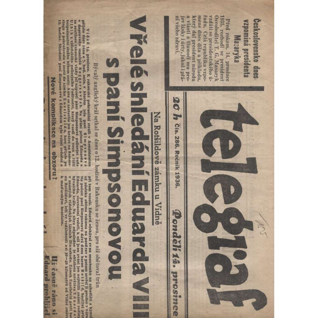Telegraf (14.1.1936) - staré noviny, 1. republika