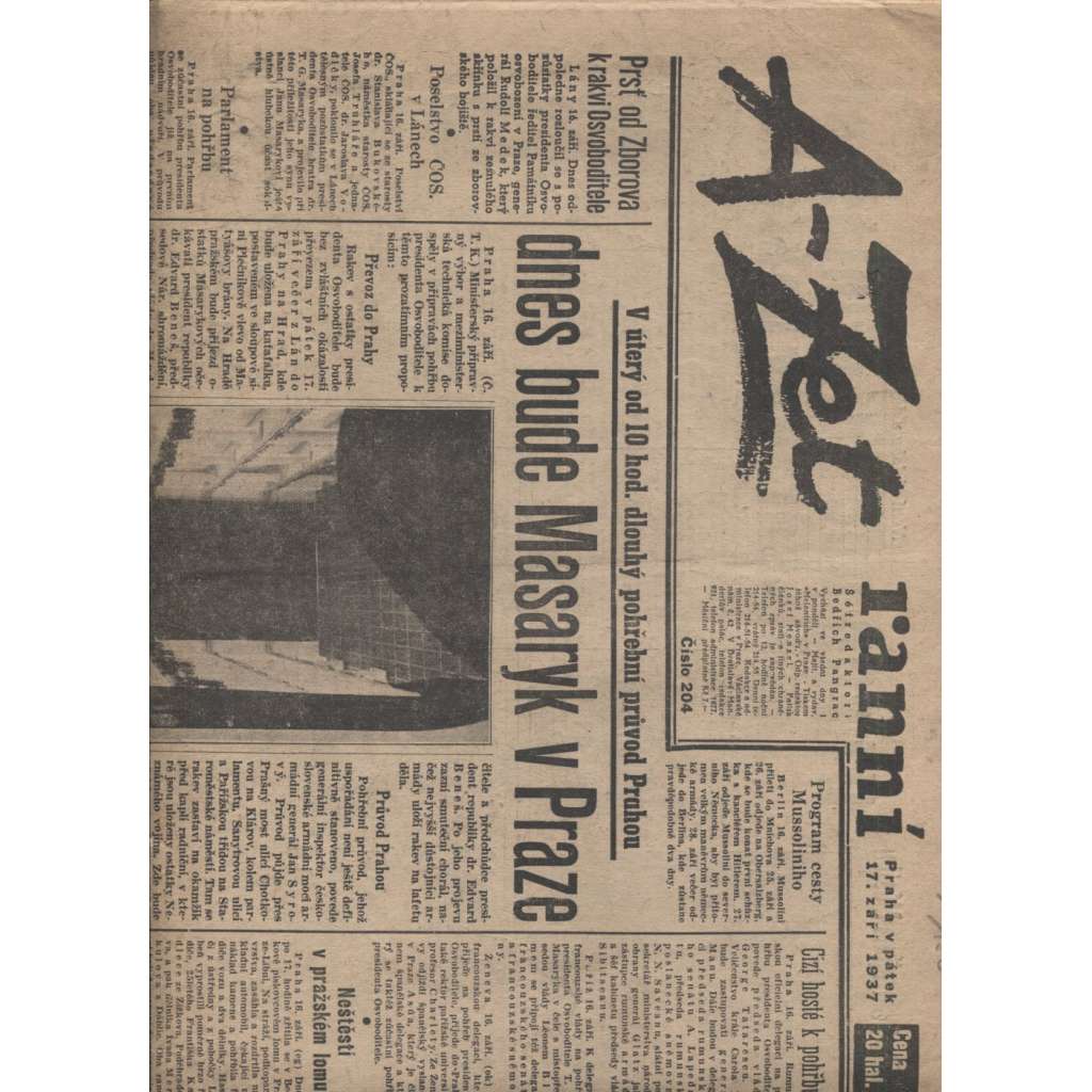 A-Zet ranní (17.9.1937) - staré noviny, 1. republika, prezident, úmrtí T. G. Masaryk