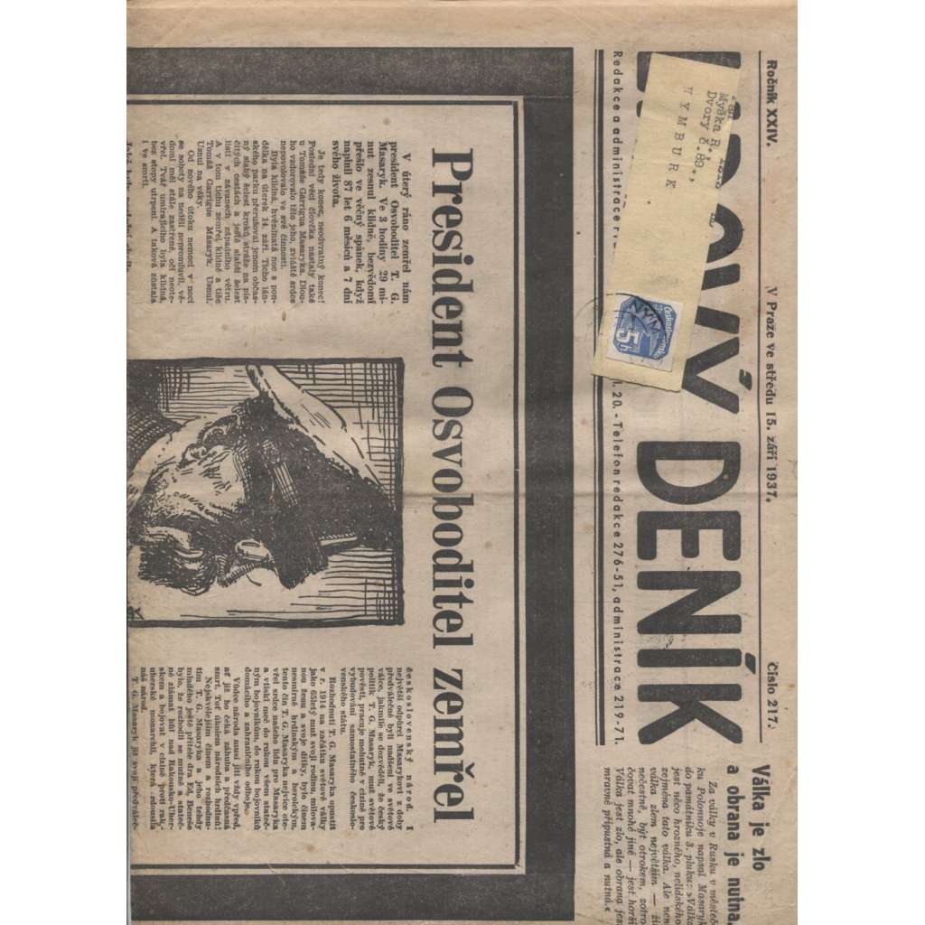 Lidový deník (15.9.1937)  - staré noviny, první republika, smrt, úmrtí T. G. Masaryk
