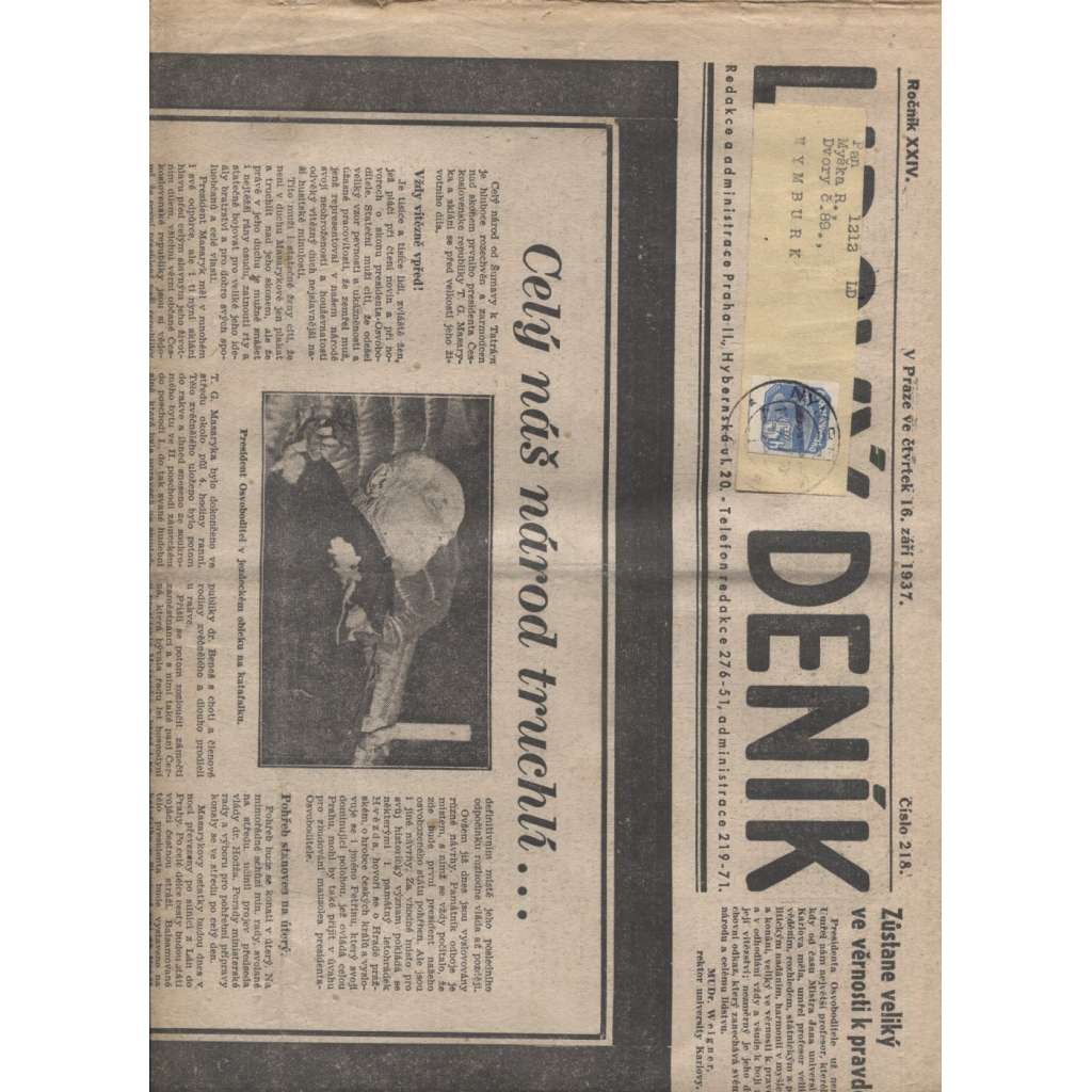 Lidový deník (16.9.1937)  - staré noviny, první republika, smrt, úmrtí T. G. Masaryk